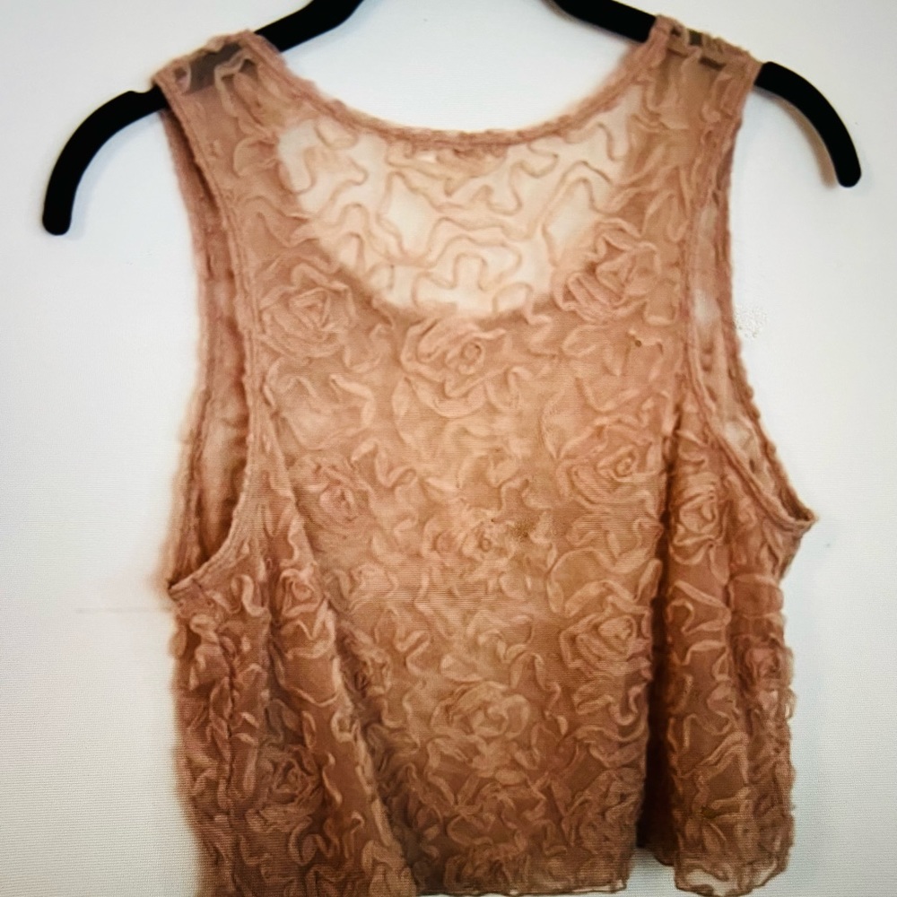 FREE PEOPLE Mesh Tank Top Sheer Champaign Lace Embroidered Top Size Medium